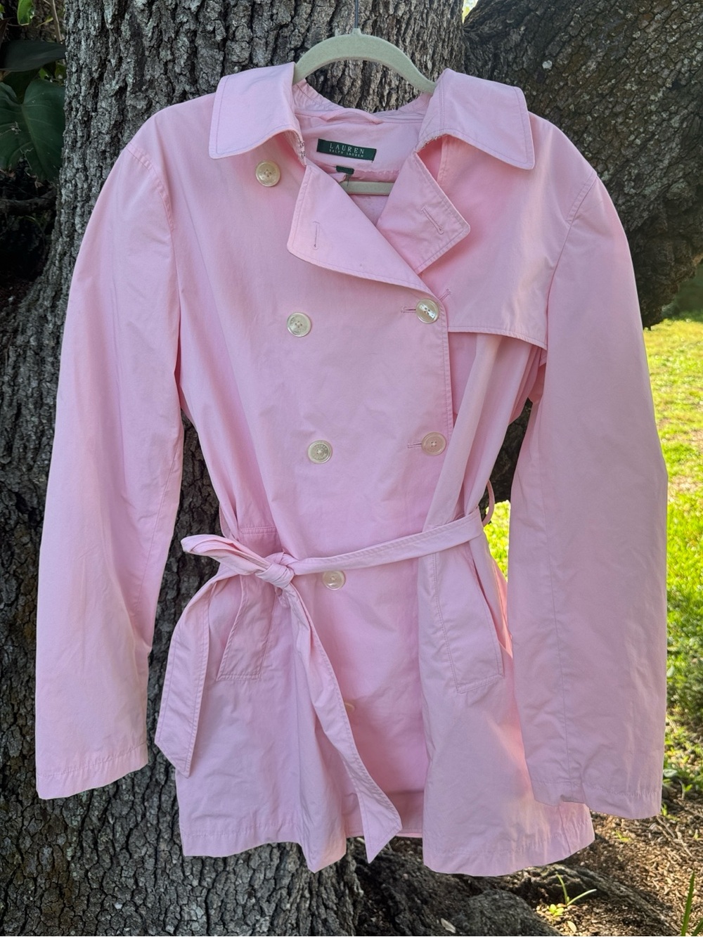 Ralph Lauren Light Pink Preppy Double-Breasted Trench Coat with Belt.Size L